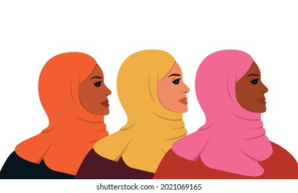 Three Arabian women are standing together. Emirati Women's day greeting card with young Muslim females wearing colorful hijabs. Vector illustration 