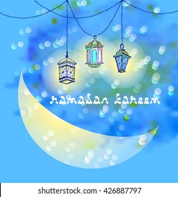 Three Arabic Lanterns or Fanous hanging on threads and shine. Crescent moon shines in the sky. Greeting card for Ramadan Kareem, Eid Mubarak