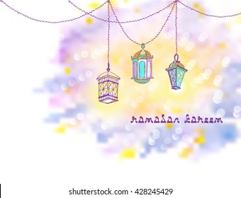 Three Arabic Lanterns or Fanous hanging on threads and shine. Bright stains background. Hand drawn greeting card for Ramadan Kareem, Eid Mubarak
