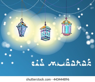 Three Arabic Lanterns or Fanous hanging on threads and shine. Bright stains background. Hand drawn greeting card for Ramadan Kareem, Eid Mubarak with Islamic festive welcome phrase