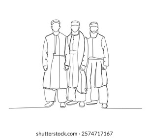 Three Arabs in national dress one line art. Continuous line drawing of online Muslims, Islam, traditions, clothing, folk, oriental.