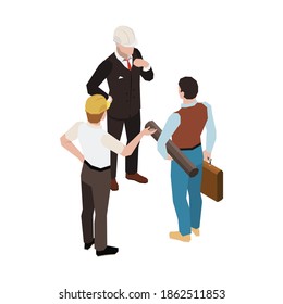 Three architects in helmets talking 3d isometric vector illustration