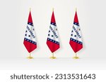 Three Arkansas flags in a row on a golden stand, illustration of press conference and other meetings. Vector illustration.