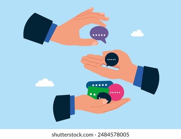 Three arm give next speech bubble. Communication, employee survey or customer suggestion. Modern vector illustration in flat style