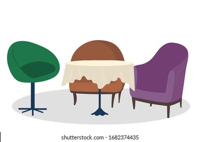 Drei Sessel und ein Beintisch zum Essen. Platz zum Entspannen und Essen in der Cafeteria, hausgemacht. Schreibtisch mit Tischdecke im Café oder Café. Vektorillustration von Möbeln im Flachstil