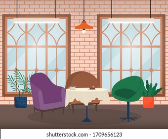 Three armchairs and table with tablecloth, furnishing. Place for relax and lunch in cafeteria, homelike interior. Restaurant with big windows with view on city. Vector illustration in flat style