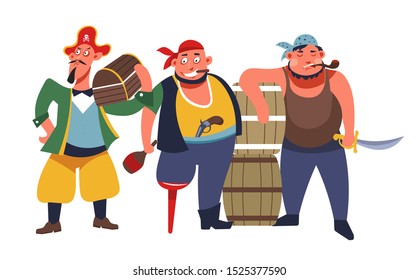 Three armed bearded pirates, sea robbers, standing, holding chest trunk, bottle of rum and sword, smoking, leaning on a barrel, colorful concept flat vector illustration, white background