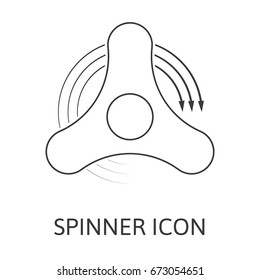 Three arms fidget hand spinner monochrome icon with arrows. Toy for stress relief and improvement of attention span. Design element for banner, poster, t-shirt, sticker, flyer. Vector illustration.