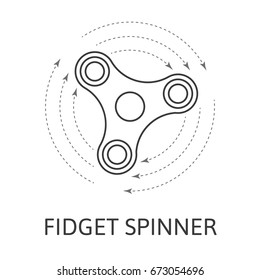 Three arms fidget hand spinner monochrome icon with arrows. Toy for stress relief and improvement of attention span. Design element for banner, poster, t-shirt, sticker, flyer. Vector illustration.