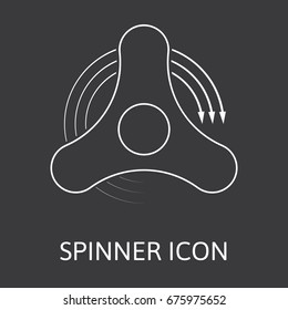 Three arms fidget hand spinner monochrome icon with arrows. Toy for stress relief and improvement of attention span. Design element for banner, poster, t-shirt, sticker, flyer. Vector illustration.