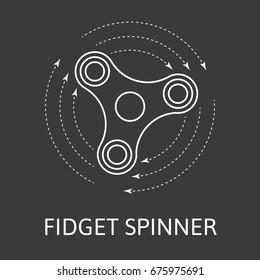 Three arms fidget hand spinner monochrome icon with arrows. Toy for stress relief and improvement of attention span. Design element for banner, poster, t-shirt, sticker, flyer. Vector illustration.