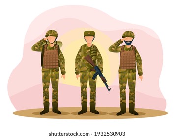 Three Army Men Are Standing In Camouflage Combat Uniform Saluting. Men Are Standing And Greeting With Weapon And Bulletproof Vests On The Street. Flat Cartoon Vector Illustration