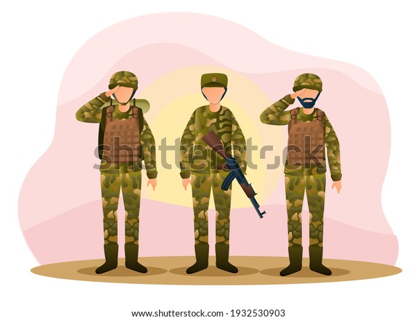 Three army men\
are standing in camouflage combat uniform saluting. Men are\
standing and greeting with weapon and bulletproof vests on the\
street. Flat cartoon vector\
illustration