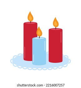 Three aromatic candles on stand isolated on white background. Burning decorative red and blue wax candles. Relaxation, aromatherapy, romantic, valentine's day, christmas vector flat illustration