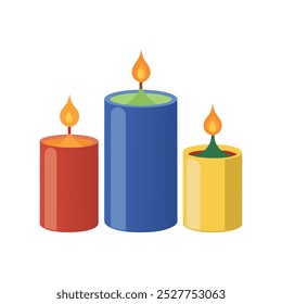 Três velas aromáticas em pé isolado no fundo branco. Queimando velas decorativas