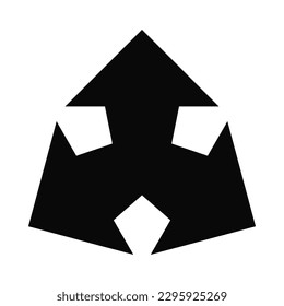Icono de forma de silueta de tres cabezas de flecha. Un símbolo hecho de un trío de flechas negras hacia el exterior. Aislado sobre un fondo blanco.
