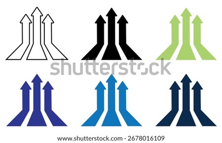 Three up arrow icon set isolated on white background. 3 arrows strips background, business arrow target direction concept to success. arrow, up, progress, upward, grow, increase, vector