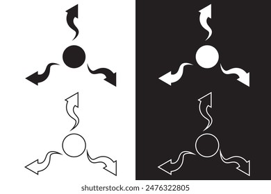 Three arrow icon vector. Three way black direction arrow icon on white and black background. Vector illustration.