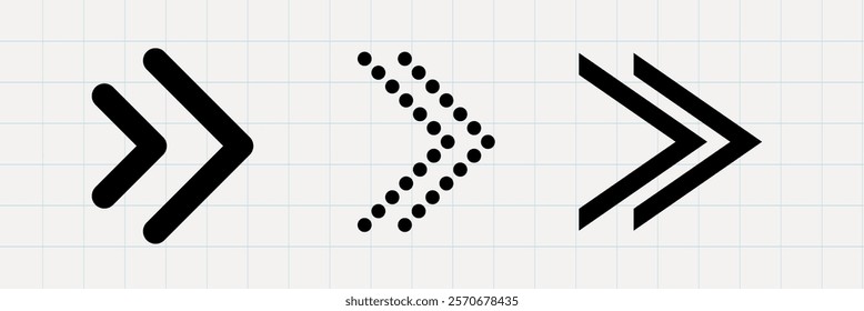 Three arrow icons in black, featuring different styles: solid, dotted, and outlined. Arrows pointing right, emphasizing direction and movement. Graphic element set. Vectors.