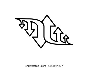 Three Arrow Sign Direction Two way. Flat Line Road Direction Black Vector Illustration.
