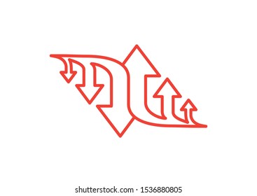 Three Arrow Sign Direction Two way. Flat Line Road Direction Red Vector Illustration.