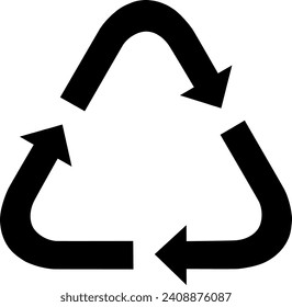 Three arrow triangle on transparent background, recyclable packaging sign, isolated vector icon.