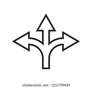 Three arrow way icon. Arrow way with 3 options of road. Choice of pathway. Outline icon. Choose of decision in split of direction. Crossroad, uncertainty and choice opportunity. Vector.