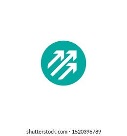 three arrows up in blue circle icon. Isolated on white. Business launch, start up, success logo. Upload icon.  Upgrade sign. Growth symbol. pointing arrows.