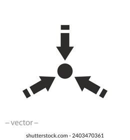 tres flechas, icono de punto central, círculo de reunión, alineación triple, símbolo plano sobre fondo blanco - ilustración vectorial