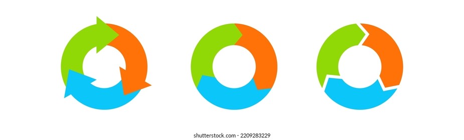 Three arrows circular rotation. Circulation and recycling concept. Three types icons.