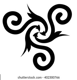 Three arrows forming Celtic disk ornament with triple spiral symbol. Black and white pattern for the logo, vector image.