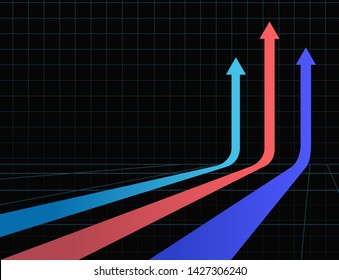 Three Arrows going up. Stock market up arrows on a black background