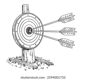 Three arrows hit the target. Arrow hitting the center of target. Target arrow hand drawn illustration. Bullseye symbol, achievement, goal and accuracy.  Successful business concept.  Vector.