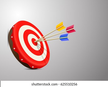 Three arrows hitting the center of realistic target. Conceptual business vector illustration