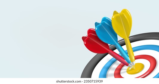 Tres flechas golpeando el objetivo de un tablero de anuncios. Banner con el concepto de lograr un objetivo en la vida o los negocios. Vector