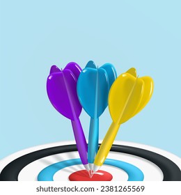 Three arrows hitting the target of a dartboard. The concept of achieving a goal in life or business.