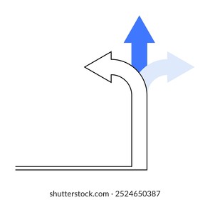 Three arrows intersect, offering choices in different directions. Solid black turns left, while blue and light blue point forward. Ideal for business, strategy, decision-making, navigation