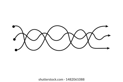 Three arrows intertwined in wavy lines, curvy neat wave tangle showing different paths crossing each other in harmony -  doodle drawing, isolated vector illustration