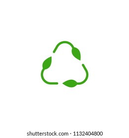 Three arrows with leaves eco recycle icon. eco sign isolated on white. Vector reuse  illustration. Green flat outline leaves. Leaf ecology circle symbol