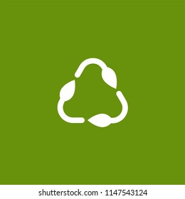 Three arrows with leaves eco recycle icon. eco sign isolated on green. Vector reuse  illustration. Green flat outline leaves. Leaf ecology circle symbol