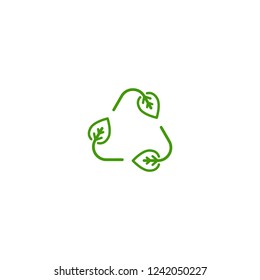 Three arrows with leaves eco recycle icon. line pictogram isolated on white. Vector reuse  illustration.  Green flat outline leaves. Leaf ecology circle symbol