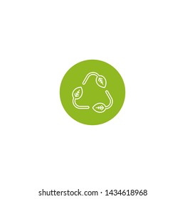 Three arrows with leaves eco recycle icon. pictogram in green circle isolated on white. Vector reuse  illustration.  Green flat outline leaves. Leaf ecology circle symbol