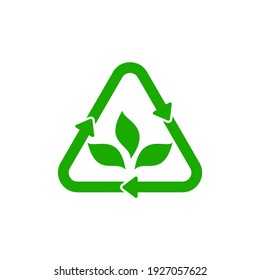 Three arrows with leaves eco recycle icon. line pictogram isolated on white. Vector reuse illustration. Green leaves. Leaf ecology circle symbol