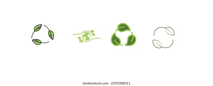 Three arrows with leaves eco recycle icon. line pictogram isolated on white. Vector reuse  illustration.  Green flat outline leaves. Leaf ecology circle symbol