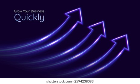 Three arrows up with lights trails. Futuristic 3D style. Business, personal growth, quick result. Innovation technology and finance. 
