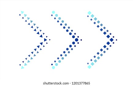 Three arrows made up of circles, squares or triangles with a blue shade effect. Mark the right or next.  Vector graphic illustration.