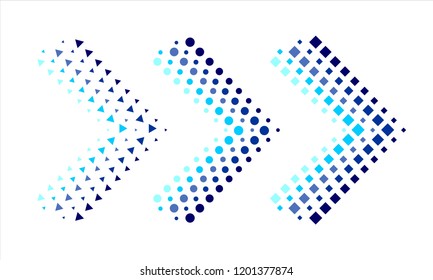 Three arrows made up of circles, squares or triangles with a blue shade effect. Mark the right or next.  Vector graphic illustration.