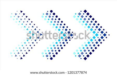 Three arrows made up of circles, squares or triangles with a blue shade effect. Mark the right or next.  Vector graphic illustration.