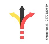 Three arrows pointing in different directions. Choice of path. Black, red and yellow arrow icon. Vector illustration isolated on white background.