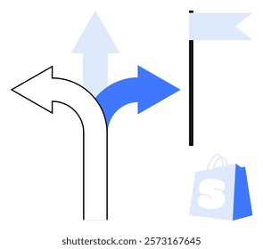 Three arrows pointing in different directions one flag on a pole and one shopping bag Ideal, for decision making navigation choices retail direction guidance and e-commerce themes Simple clean style